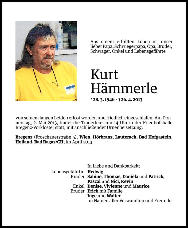  Todesanzeige für Kurt Hämmerle vom 28.04.2013 aus Vorarlberger Nachrichten