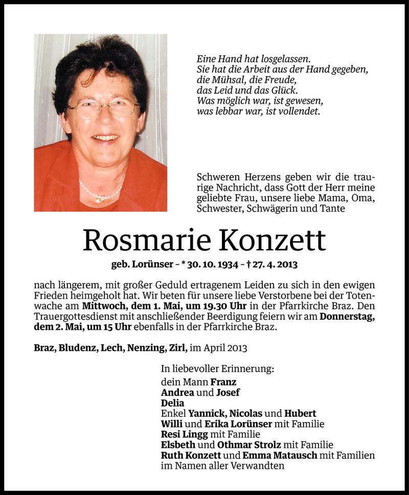  Todesanzeige für Rosmarie Konzett vom 30.04.2013 aus Vorarlberger Nachrichten