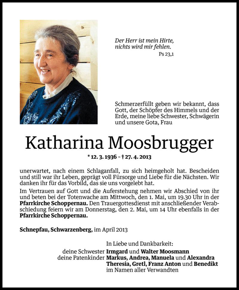  Todesanzeige für Katharina Moosbrugger vom 29.04.2013 aus Vorarlberger Nachrichten