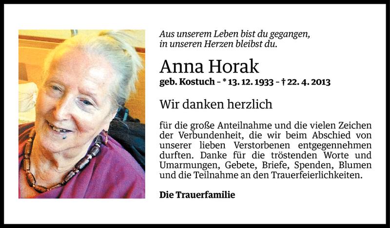  Todesanzeige für Anna Horak vom 03.05.2013 aus Vorarlberger Nachrichten