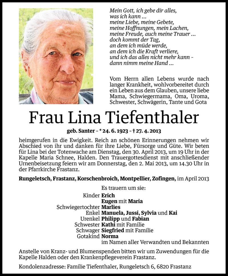  Todesanzeige für Lina Tiefenthaler vom 29.04.2013 aus Vorarlberger Nachrichten