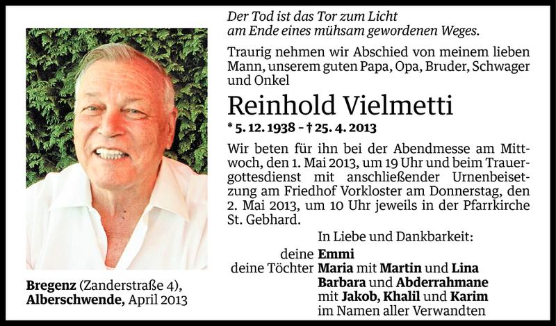  Todesanzeige für Reinhold Vielmetti vom 29.04.2013 aus Vorarlberger Nachrichten