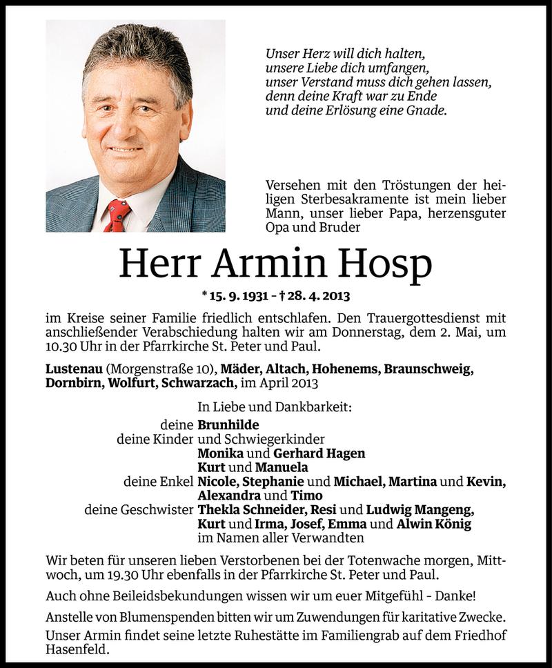  Todesanzeige für Armin Hosp vom 29.04.2013 aus Vorarlberger Nachrichten