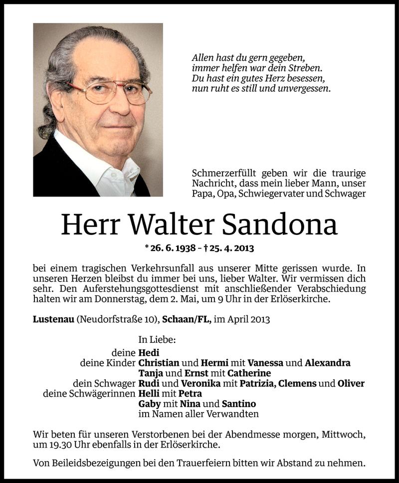  Todesanzeige für Walter Sandona vom 29.04.2013 aus Vorarlberger Nachrichten