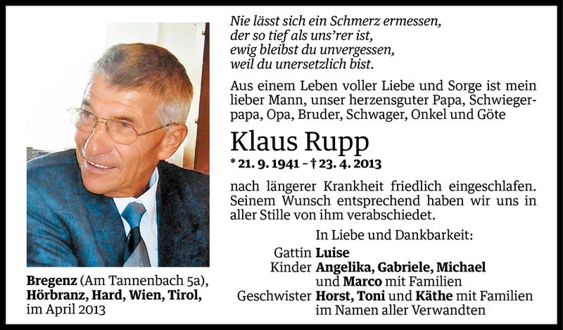  Todesanzeige für Klaus Rupp vom 01.05.2013 aus Vorarlberger Nachrichten