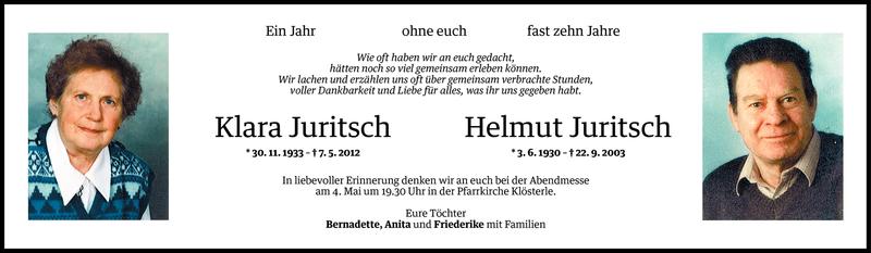  Todesanzeige für Klara und Helmut Juritsch vom 30.04.2013 aus Vorarlberger Nachrichten