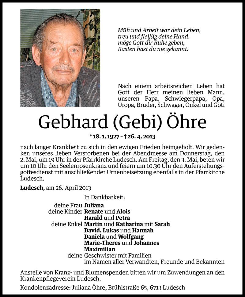  Todesanzeige für Gebhard (Gebi) Öhre vom 30.04.2013 aus Vorarlberger Nachrichten
