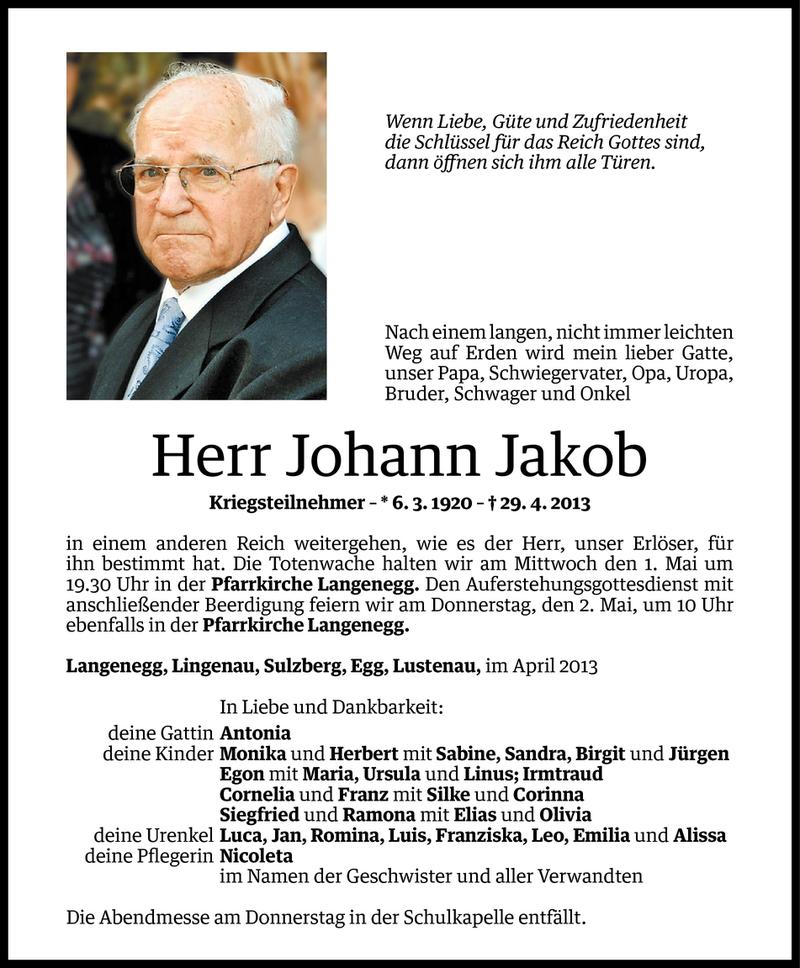  Todesanzeige für Johann Jakob vom 30.04.2013 aus Vorarlberger Nachrichten