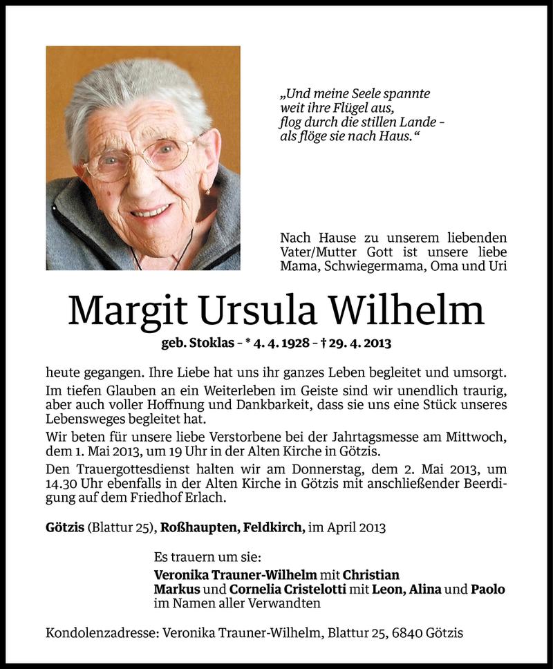  Todesanzeige für Margit Ursula Wilhelm vom 30.04.2013 aus Vorarlberger Nachrichten