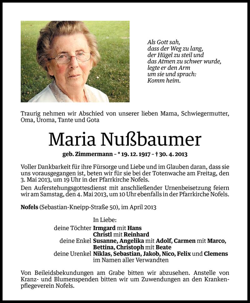  Todesanzeige für Maria Nußbaumer vom 30.04.2013 aus Vorarlberger Nachrichten