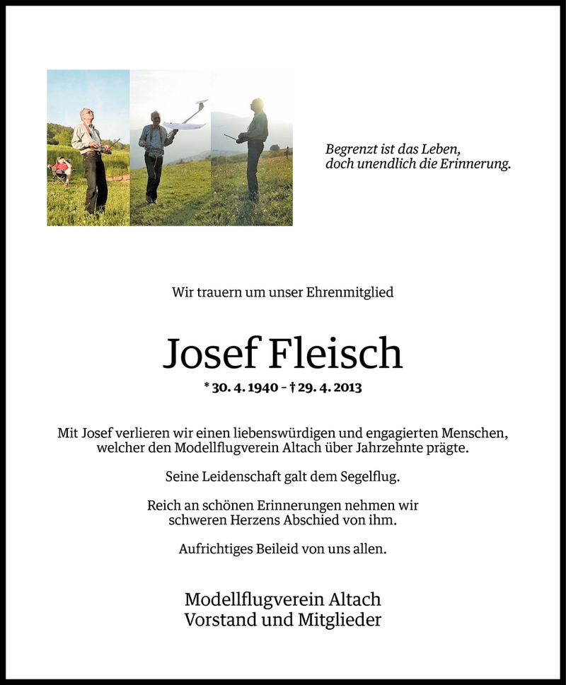  Todesanzeige für Josef Fleisch vom 30.04.2013 aus Vorarlberger Nachrichten