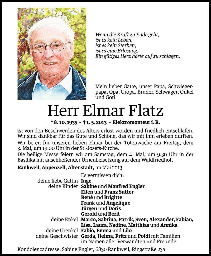  Todesanzeige für Elmar Flatz vom 03.05.2013 aus Vorarlberger Nachrichten