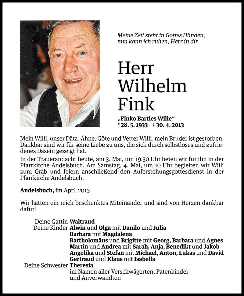  Todesanzeige für Wilhelm Fink vom 02.05.2013 aus Vorarlberger Nachrichten