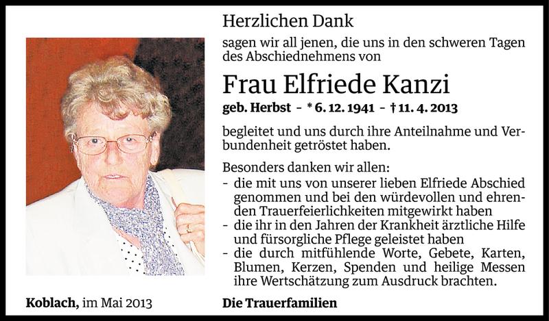  Todesanzeige für Elfriede Kanzi vom 03.05.2013 aus Vorarlberger Nachrichten