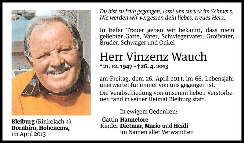  Todesanzeige für Vinzenz Wauch vom 03.05.2013 aus Vorarlberger Nachrichten