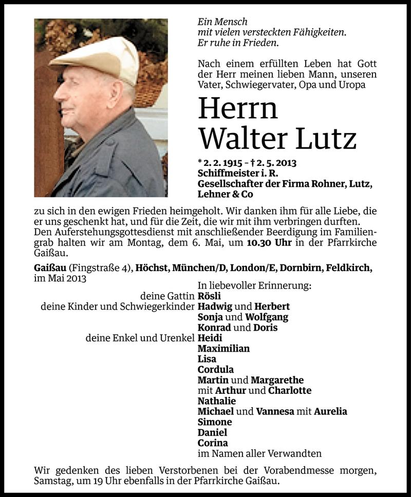  Todesanzeige für Walter Lutz vom 02.05.2013 aus Vorarlberger Nachrichten