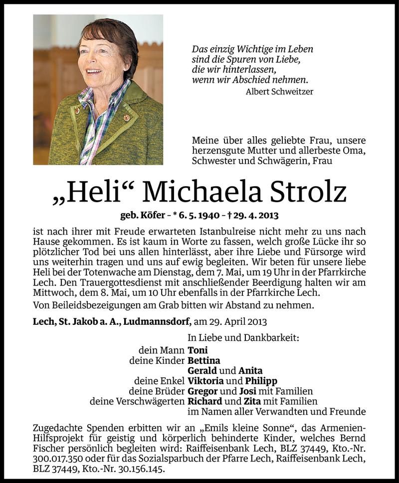  Todesanzeige für Michaela (Heli) Strolz vom 06.05.2013 aus Vorarlberger Nachrichten