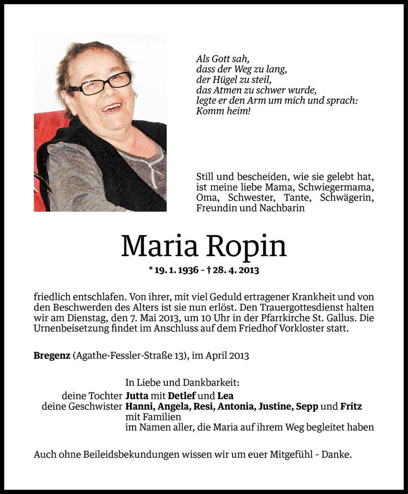  Todesanzeige für Maria Ropin vom 03.05.2013 aus Vorarlberger Nachrichten