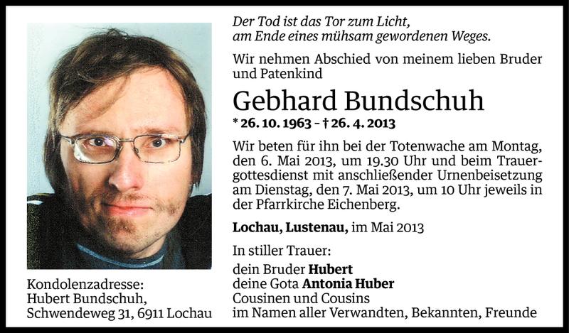  Todesanzeige für Gebhard Bundschuh vom 03.05.2013 aus Vorarlberger Nachrichten
