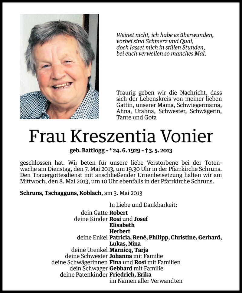  Todesanzeige für Kreszentia Vonier vom 03.05.2013 aus Vorarlberger Nachrichten