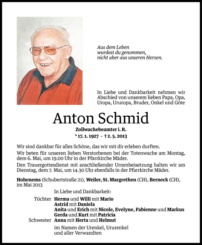  Todesanzeige für Anton Schmid vom 04.05.2013 aus Vorarlberger Nachrichten