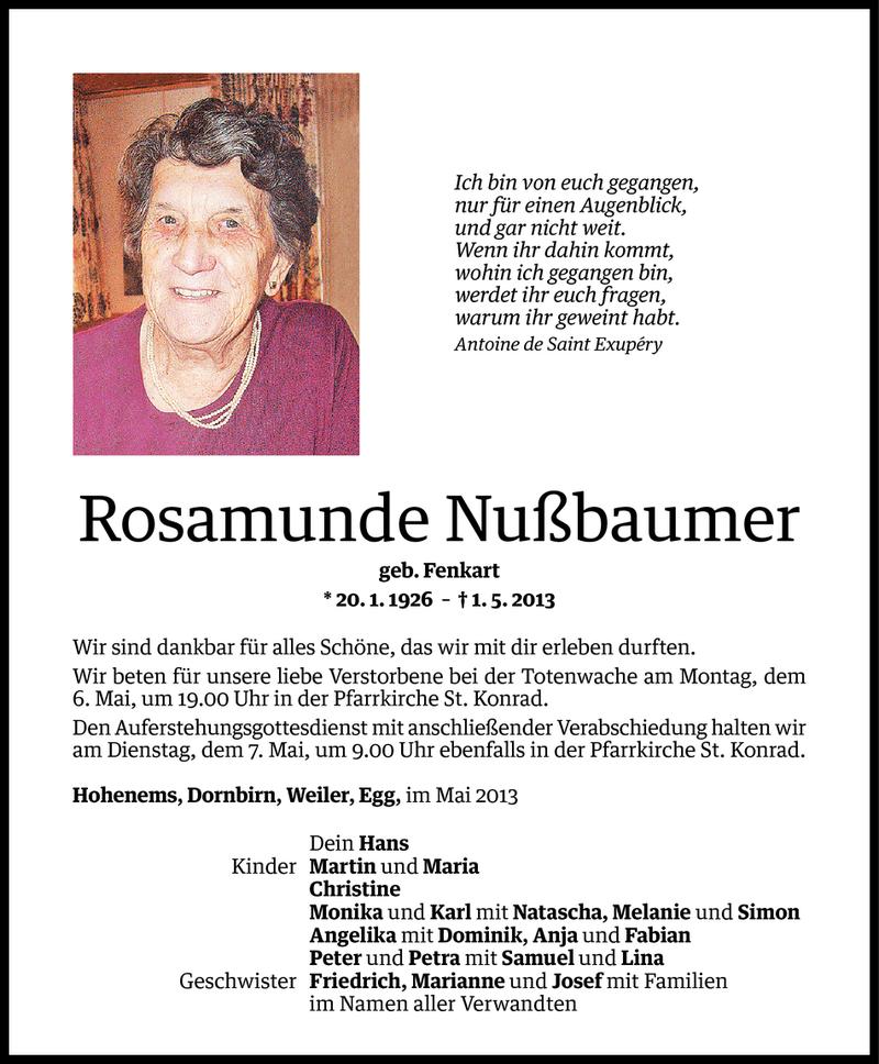  Todesanzeige für Rosamunde Mußbaumer vom 04.05.2013 aus Vorarlberger Nachrichten