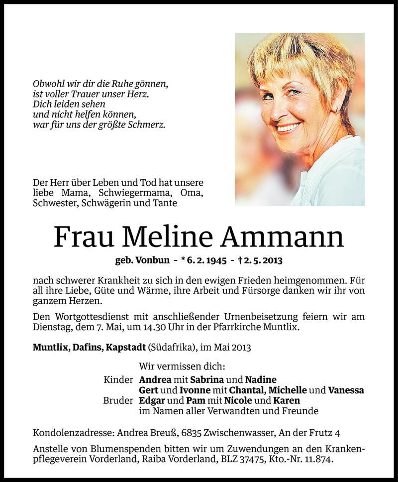  Todesanzeige für Meline Ammann vom 04.05.2013 aus Vorarlberger Nachrichten