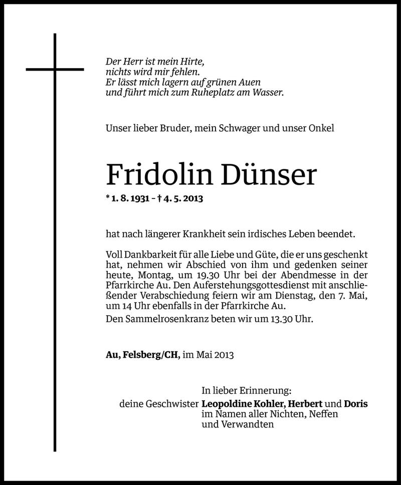  Todesanzeige für Fridolin Dünser vom 05.05.2013 aus Vorarlberger Nachrichten
