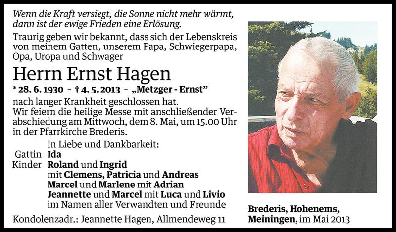  Todesanzeige für Ernst Hagen vom 06.05.2013 aus Vorarlberger Nachrichten