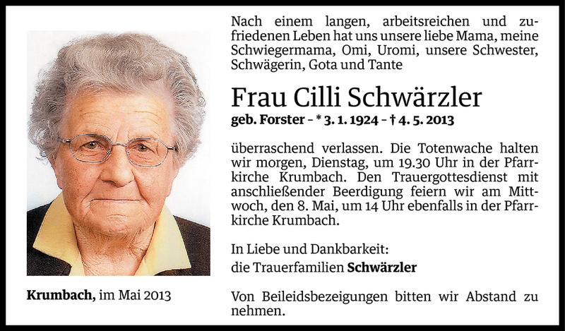  Todesanzeige für Cilli Schwärzler vom 05.05.2013 aus Vorarlberger Nachrichten