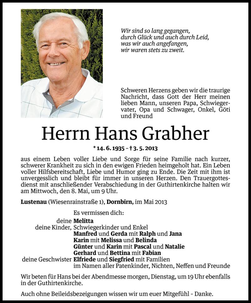  Todesanzeige für Hans Grabher vom 05.05.2013 aus Vorarlberger Nachrichten