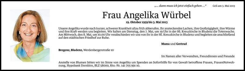  Todesanzeige für Angelika Würbel vom 06.05.2013 aus Vorarlberger Nachrichten