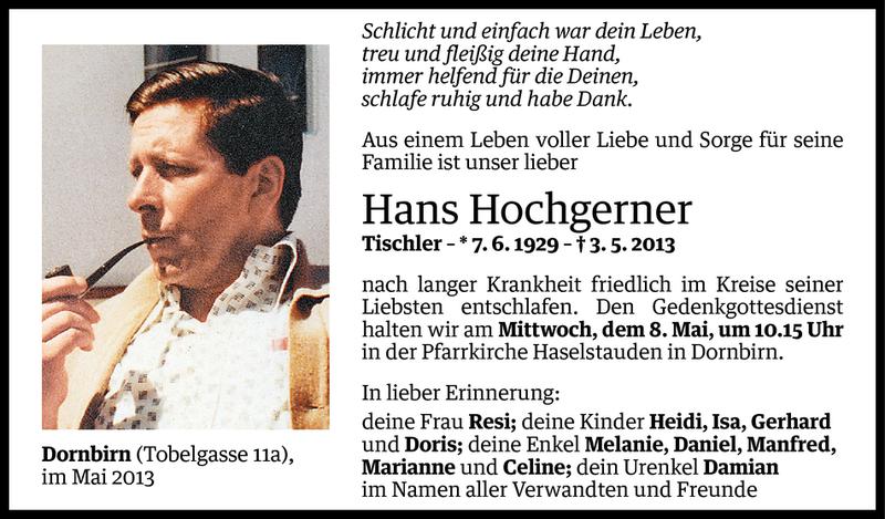  Todesanzeige für Hans Hochgerner vom 05.05.2013 aus Vorarlberger Nachrichten