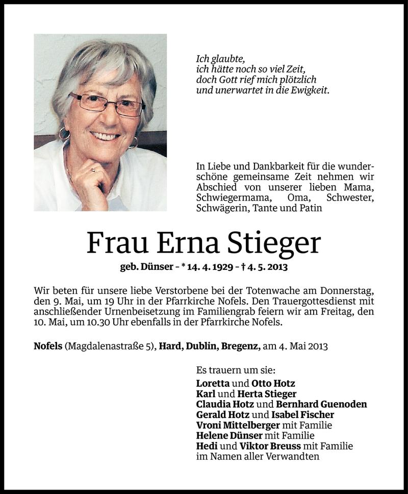  Todesanzeige für Erna Stieger vom 06.05.2013 aus Vorarlberger Nachrichten