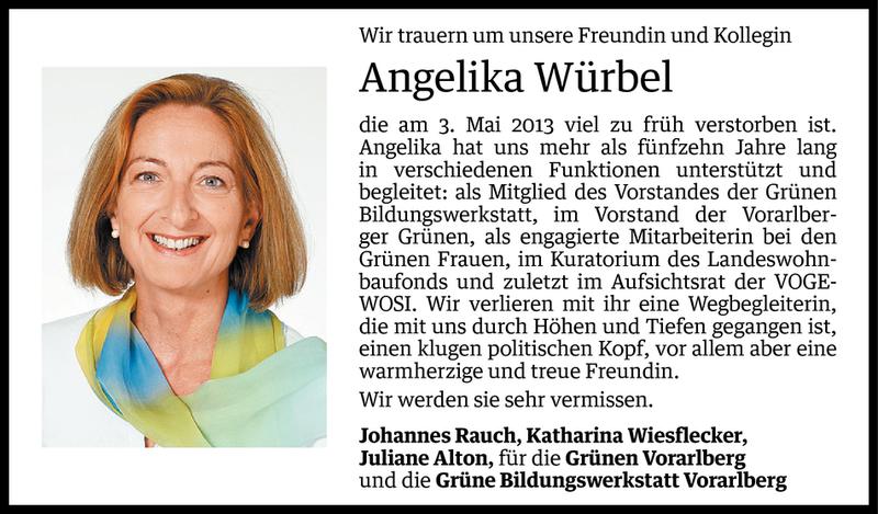  Todesanzeige für Angelika Würbel vom 06.05.2013 aus Vorarlberger Nachrichten