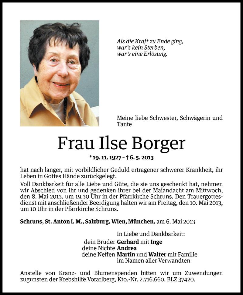  Todesanzeige für Ilse Borger vom 06.05.2013 aus Vorarlberger Nachrichten