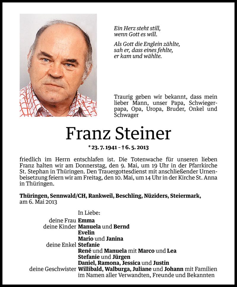  Todesanzeige für Franz Steiner vom 07.05.2013 aus Vorarlberger Nachrichten