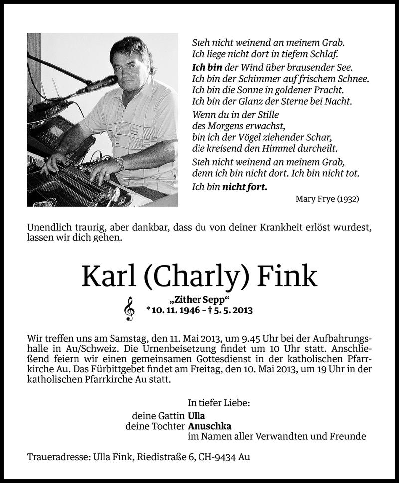  Todesanzeige für Karl (Charly) Fink vom 07.05.2013 aus Vorarlberger Nachrichten