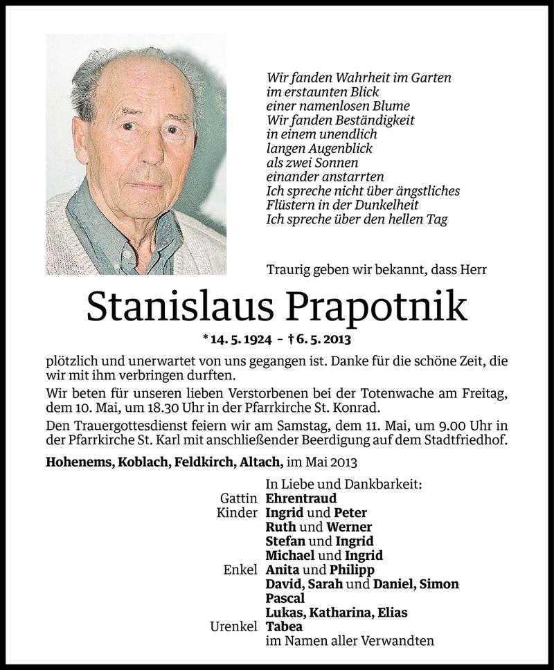  Todesanzeige für Stanislaus Prapotnik vom 08.05.2013 aus Vorarlberger Nachrichten