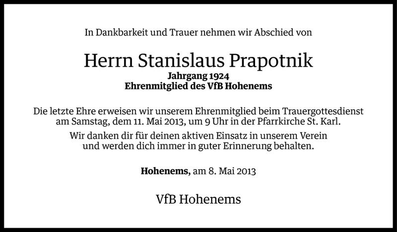  Todesanzeige für Stanislaus Prapotnik vom 08.05.2013 aus Vorarlberger Nachrichten