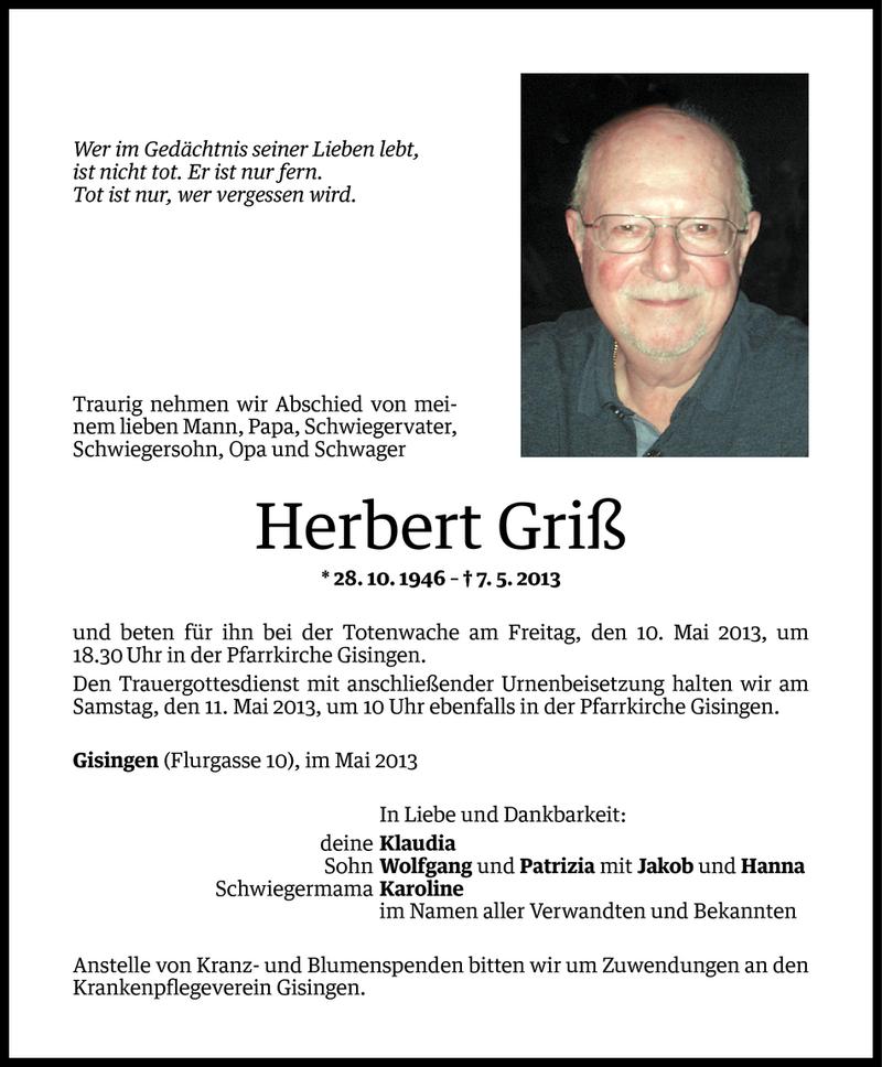  Todesanzeige für Herbert Griß vom 07.05.2013 aus Vorarlberger Nachrichten