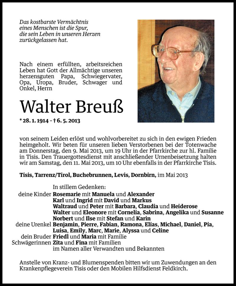  Todesanzeige für Walter Breuß vom 07.05.2013 aus Vorarlberger Nachrichten