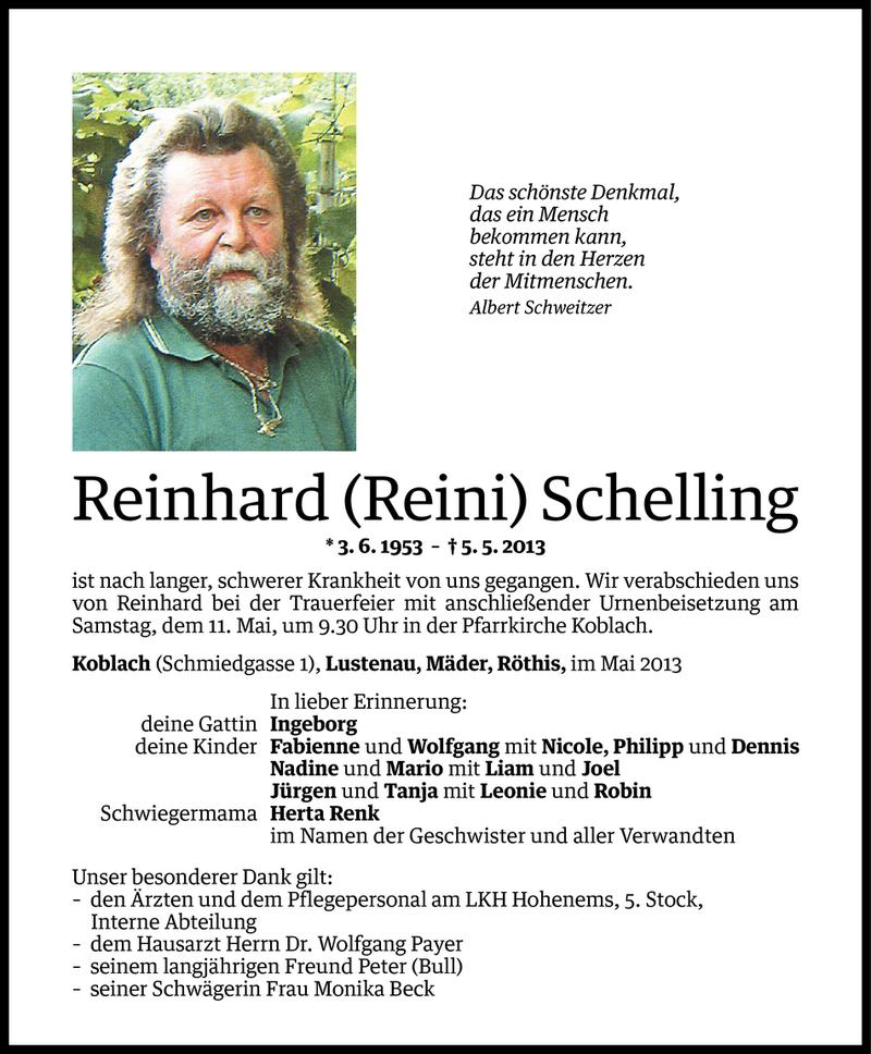  Todesanzeige für Reinhard (Reini) Schelling vom 09.05.2013 aus Vorarlberger Nachrichten