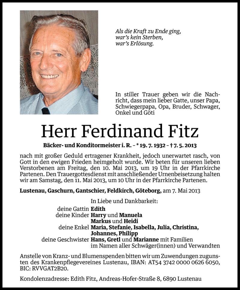  Todesanzeige für Ferdinand Fitz vom 08.05.2013 aus Vorarlberger Nachrichten