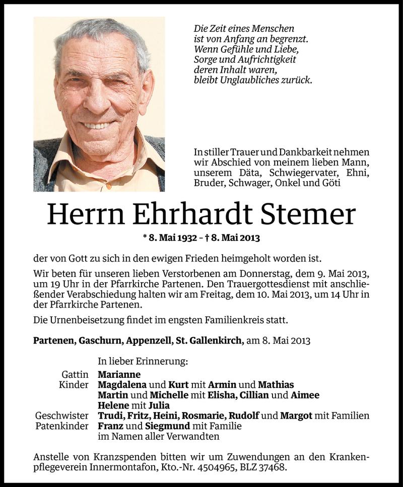  Todesanzeige für Ehrhardt Stemer vom 08.05.2013 aus Vorarlberger Nachrichten