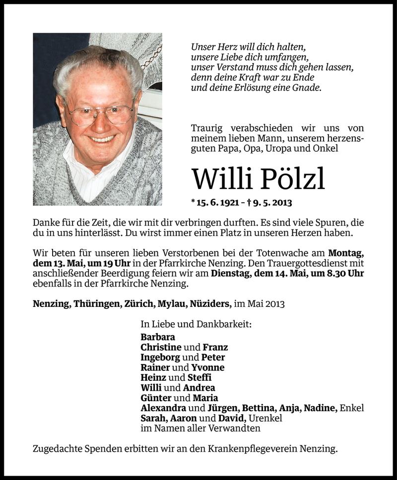  Todesanzeige für Willi Pölzl vom 11.05.2013 aus Vorarlberger Nachrichten