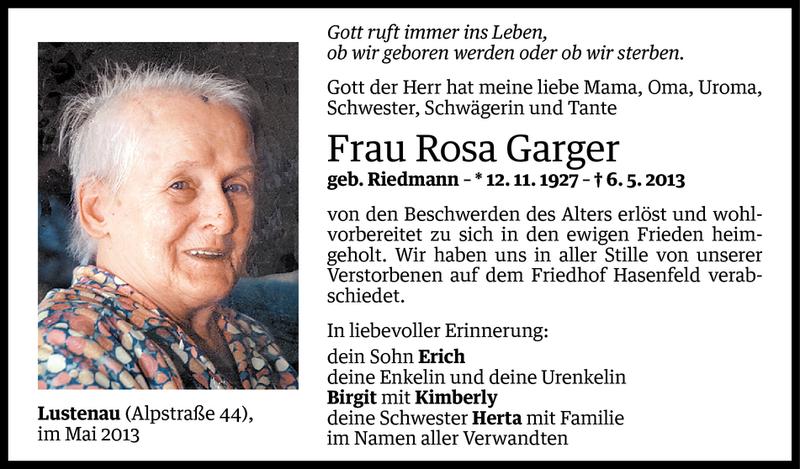  Todesanzeige für Rosa Garger vom 11.05.2013 aus Vorarlberger Nachrichten