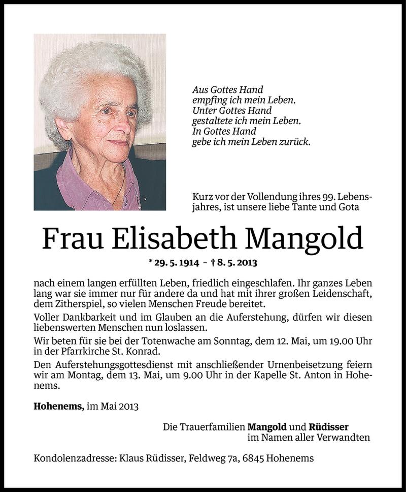  Todesanzeige für Elisabeth Mangold vom 11.05.2013 aus Vorarlberger Nachrichten