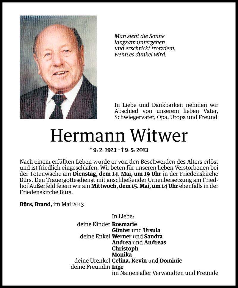  Todesanzeige für Hermann Witwer vom 13.05.2013 aus Vorarlberger Nachrichten