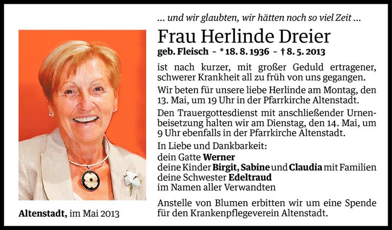  Todesanzeige für Herlinde Dreier vom 11.05.2013 aus Vorarlberger Nachrichten